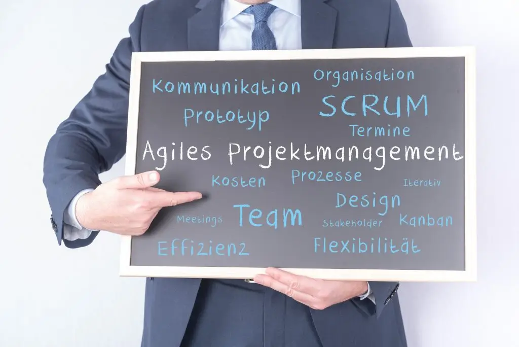 Ein Mann im Anzug zeigt eine Tafel mit einer Wort-Wolke. Im Zentrum steht Agiles Projektmanagement darum herum sind andere Worte aus dem Agilen Projektmanagement aufgef&uuml;hrt.